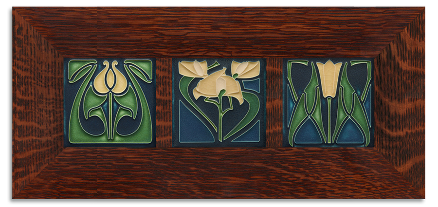 4x4 Florals Framed Tile Set (Indigo) - Oak, Horizontal