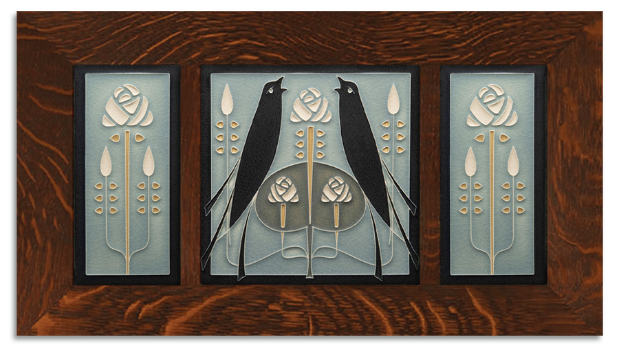 4x8 & 8x8 Songbirds & Long Stem Framed Tile Set (Grey Blue) - Oak