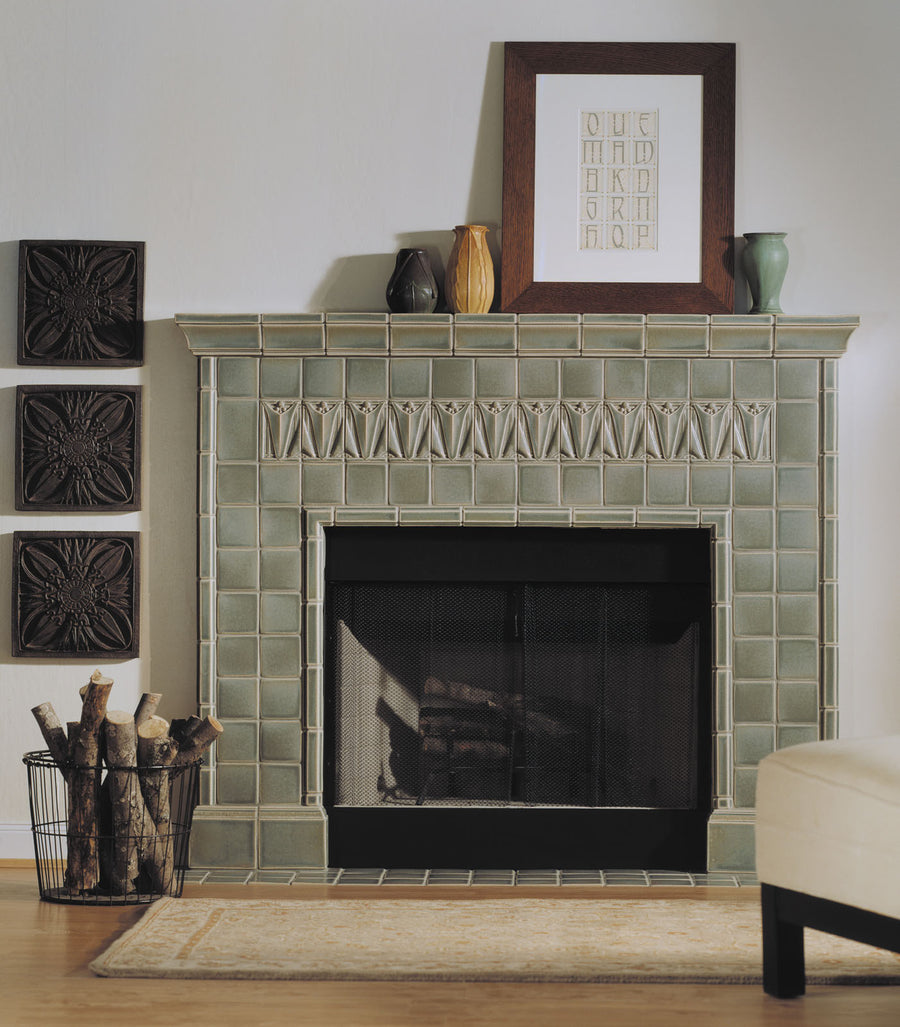 Halsted Fireplace Shown With 4610 4x6 Halsted Left and Right Ends, plus 4x6 Ellsworth Deep Crown, 2x6 Oxford Trim and 6x6 Linwood Deep Base, all in glaze 5236 Rothwell Gray